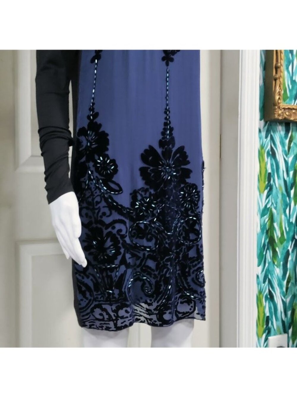NWT Hale Bob Beaded Elisa Velvet Dress Burnout Long Sleeve Shift Blue Women's XS - Picture 5 of 14